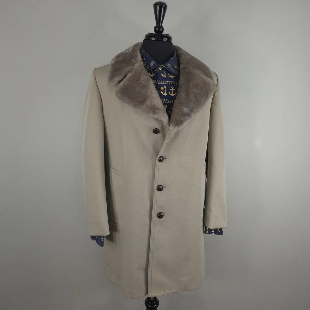 Vintage Fur Collar Coat Mens 40 Beige Faux Fur Lined Dress Overcoat Winter